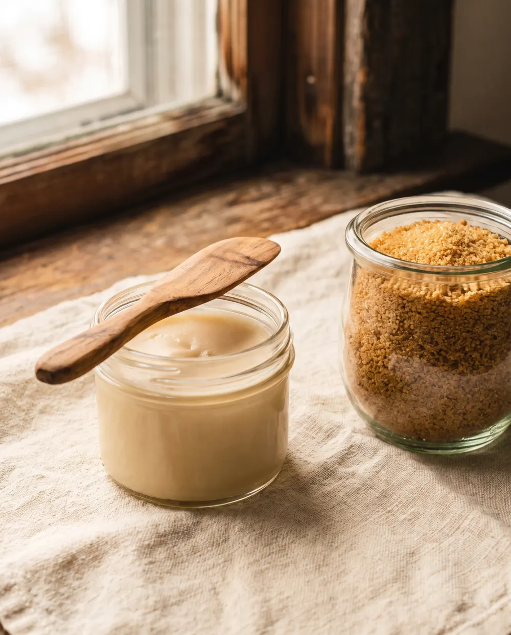 A jar of pale maple cream with a wooden knife beside a jar of granulated maple sugar on linen