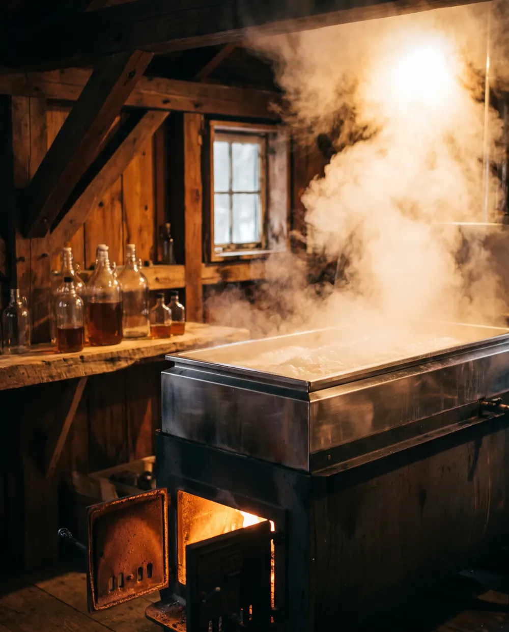 A stainless steel evaporator pan at a rolling boil, steam rising in the firelight