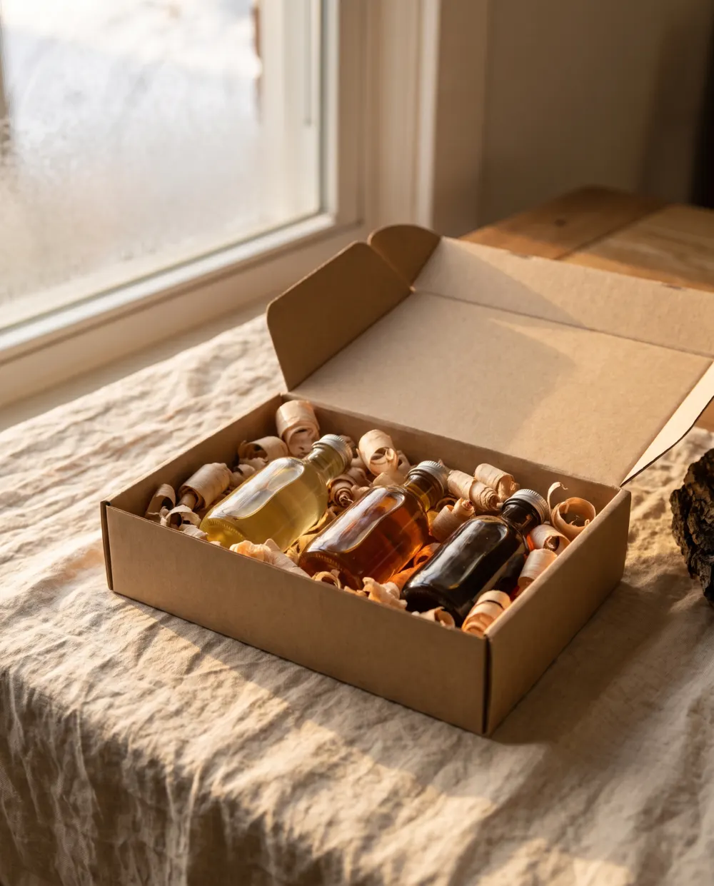 An open kraft gift box with three small bottles of golden, amber, and dark syrup nestled in wood shavings