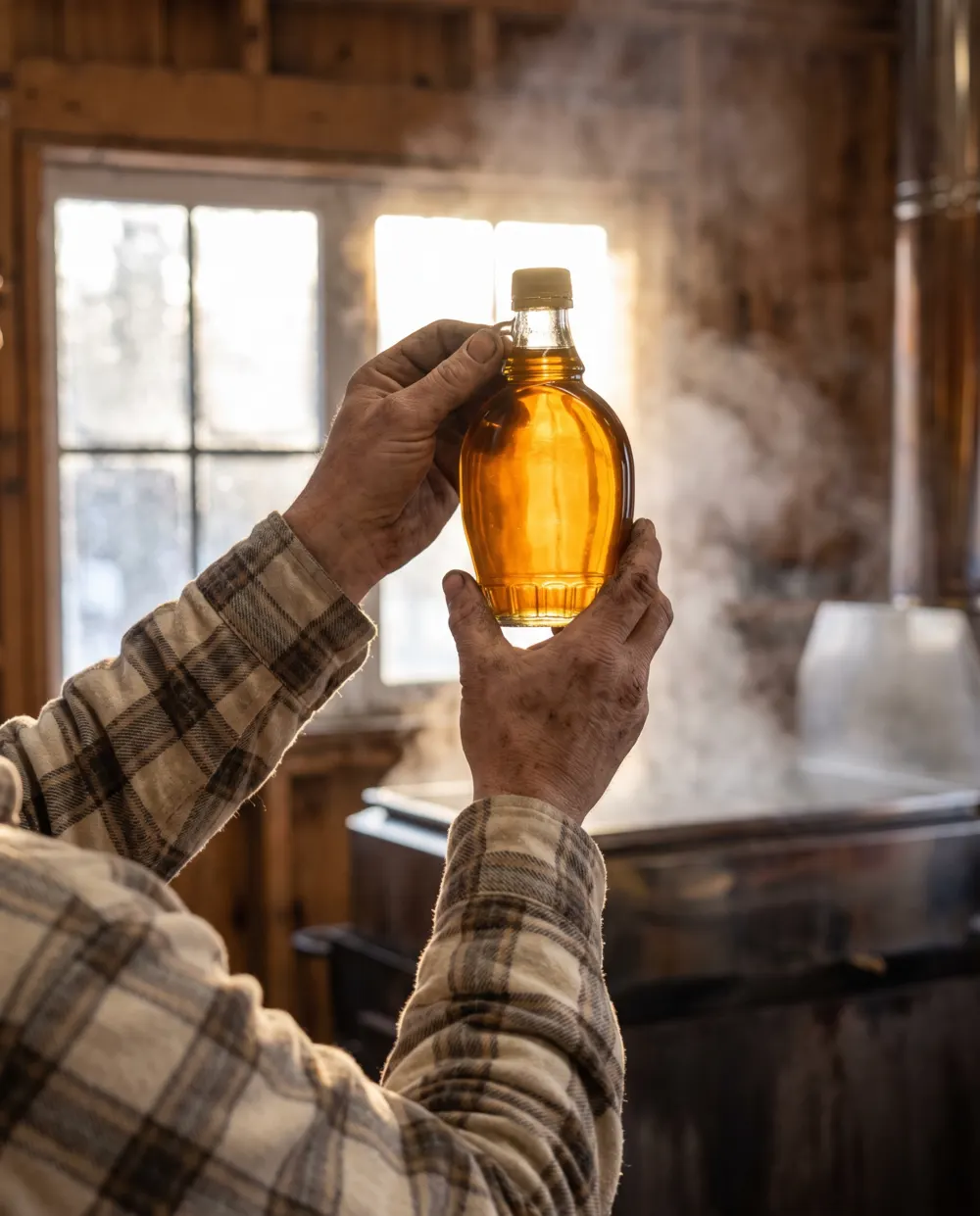 Two hands holding a bottle of amber syrup up to a bright sugarhouse window