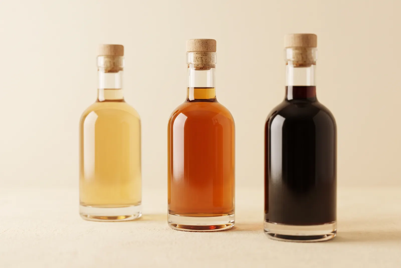 Three glass bottles of maple syrup in a row, pale golden, amber, and dark, on a cream background