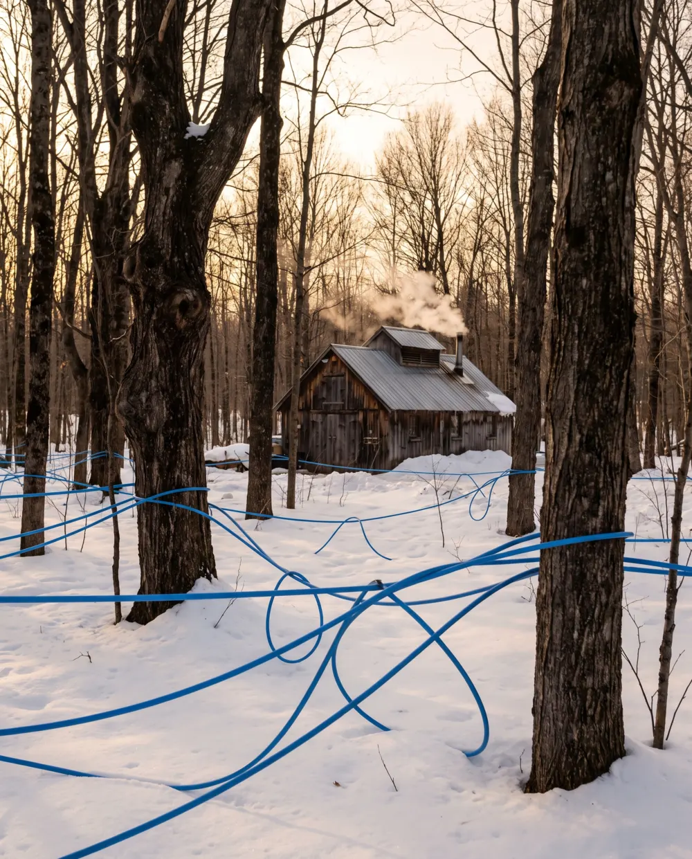 Blue sap lines running downhill through snowy maples toward a steaming sugarhouse