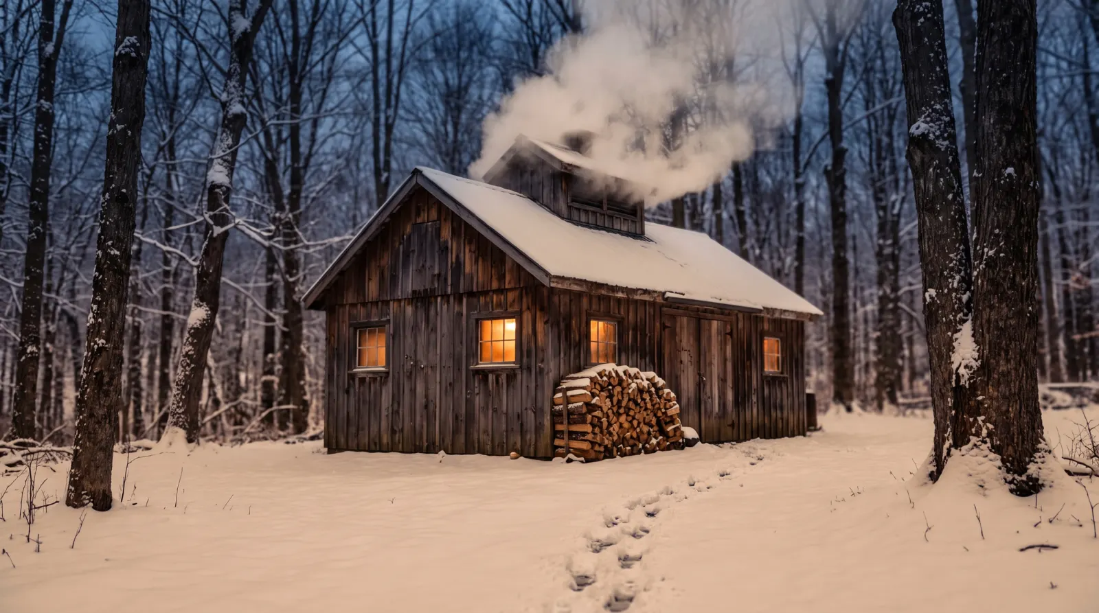 A small wooden sugarhouse at dusk in the snow, windows glowing, steam rising from its cupola